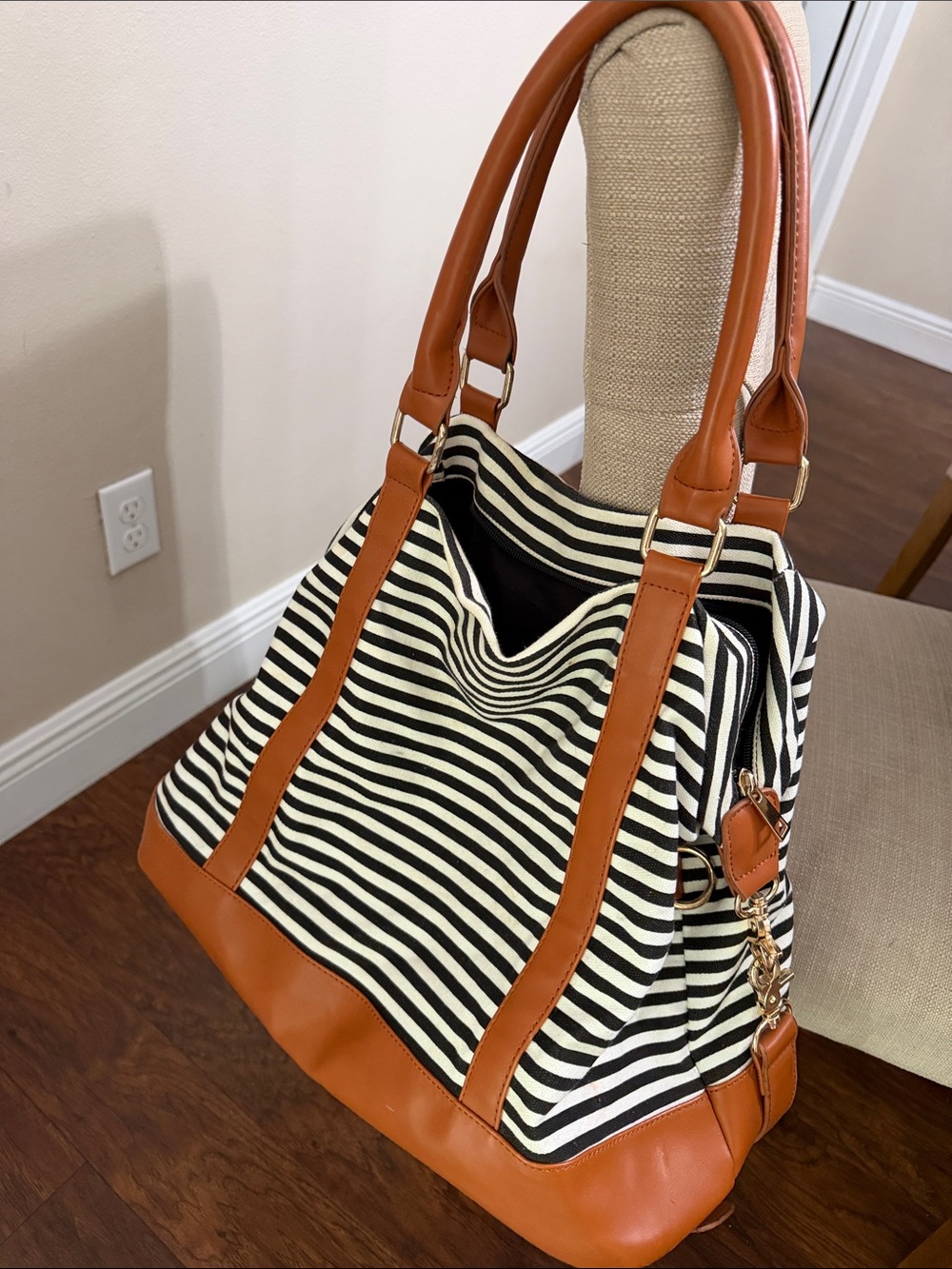 Striped Canvas Tote Bag with Tan Trim